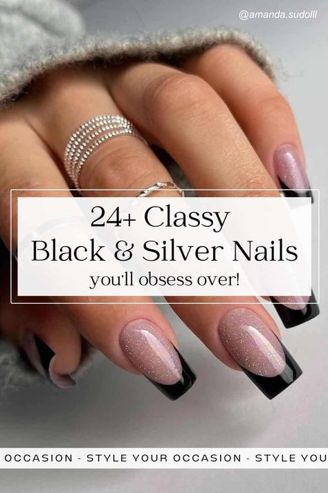 24+ Stunning Black and Silver Nails For A Next-Level Aesthetic! Black Dress Nail Ideas Wedding, Nail Design Black And Silver, Black And Metallic Nail Designs, Black Tie Nail Designs, Black And Silver Nail Art Designs, Silver Nails With Black Design, Acrylic Nails Salon, Wedding Nails For Black Dress, Black And Glitter French Tip Nails