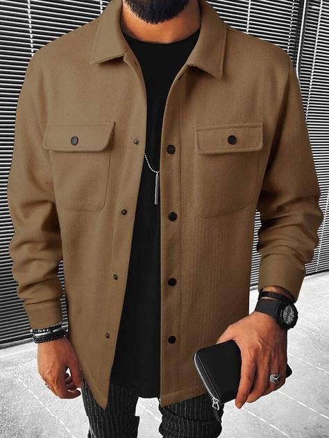 Manfinity Homme Men Button Front Flap Pocket Overcoat | SHEIN USA Casual Outwear, Custom Made Clothing, Mode Design, Pocket Pattern, Pocket Jacket, Outfit Casual, Men Winter, Casual Outfit, Flap Pocket