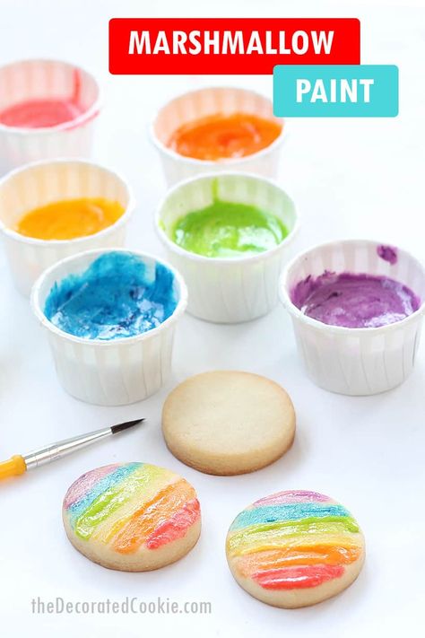 Edible marshmallow paint for kids! Colorful alternative to icing to decorate cookies. Rainbow Painting For Kids, Marshmallow Paint, Snack Crafts, Baking With Children, Kid Friendly Cookies, School Baking, Cooking Illustration, Hard Crafts, Kids Food Crafts