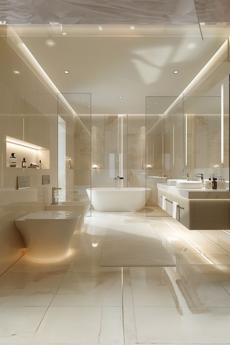 Serene minimalist bathroom • Softly illuminated from above • Freestanding sculptural bathtub • Matching modern toilet and bidet • Long vanity with dual sinks • Large mirrors doubling the light and space • Creamy marble walls and floor • Fluffy white bathmat providing a cozy texture underfoot. Dream Bathrooms Luxury Modern White, Minimalist Master Bath, Bathroom Modern Luxury, Long Vanity, Luxury Modern Bathroom, Marble Walls, Large Mirrors, Nyc Interior Design, Luxury Master Bathrooms