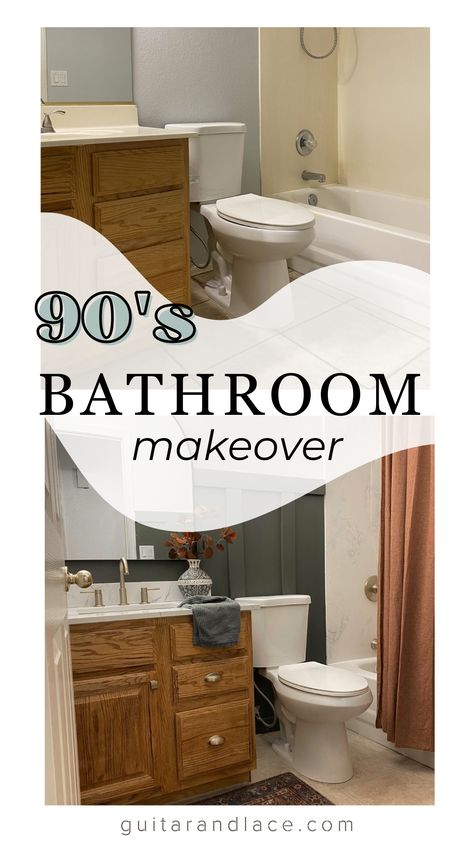 small bathroom makeover, moody green paint for bathroom, update 90s oak cabinets without paint 90s Oak Cabinets, 90s Bathroom Makeover, Oak Vanity Bathroom, 90s Bathroom, Oak Bathroom Cabinets, Grout Paint, Honey Oak Cabinets, Oak Bathroom Vanity, Bathroom Makeovers