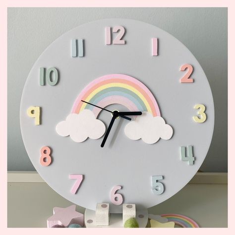 Kids Wall Clock, Rainbow Bedroom, Kids Workshop, Clock Painting, Kids' Furniture, Rainbow Room, Clock For Kids, Diy Clock Wall, Girl Bedroom Designs