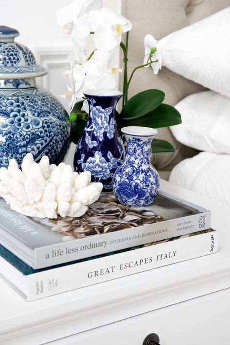 Hamptons Style Decor, Blue White China, Orchid Vase, Blue Flower Vase, Bedside Table Decor, Relaxing Weekend, White Ceramic Vases, Blue Orchids, Hamptons Style