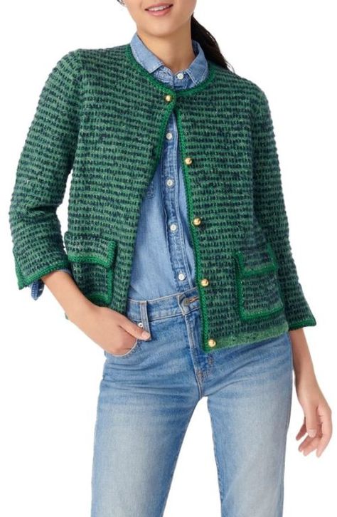 une femme d'un certain age | The classic tweed jacket, updated Green Tweed Jacket Outfit, Green Tweed Jacket, Tweed Jacket Outfit, Green Tweed, Jacket Outfit, Moto Style, Crochet Trim, Tweed Jacket, Jacket Outfits