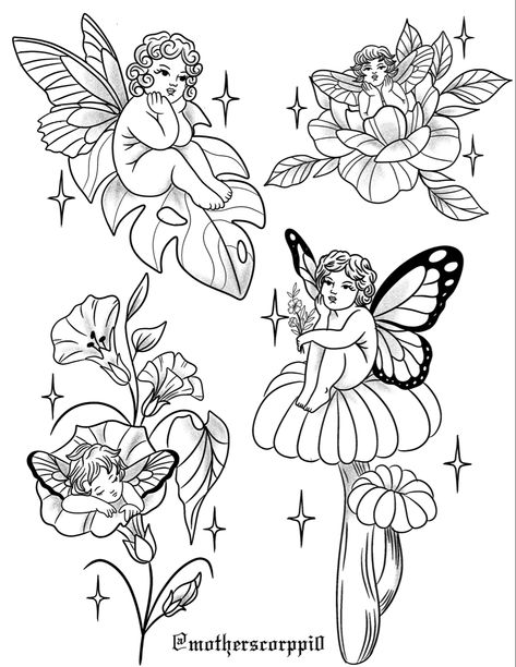 Fairy Flash Tattoo, Floral Tattoo Flash, Cottagecore Tattoos, Cool Nature Tattoos, Cottagecore Tattoo, Nature Tattoo Ideas, Cool Nature, Small Girly Tattoos, Bestie Tattoo