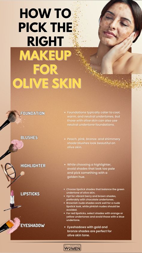 Makeup For Olive Skin, olive skin tone Wedding Makeup For Light Brown Skin, Olive Tone Skin Makeup, Makeup For Yellow Undertone Skin, Concealer For Olive Skin Tone, Colors That Go With Olive Skin Tone, Pale Olive Makeup, Olive Skin Colors Clothes, Neutral Olive Skin Tone Hair Colors, Olive Skin Lipstick Shades