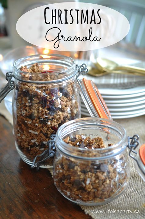 Homemade Christmas Granola -the perfect gift for Christmas: make cranberry and mixed fruits and nuts granola , or chocolate chip and coconut granola for the holidays. Christmas Granola, Granola Gift, Oatmeal Granola, Granola Ingredients, Fruit Gifts, Edible Gifts, Granola Recipes, Homemade Granola, Xmas Ideas