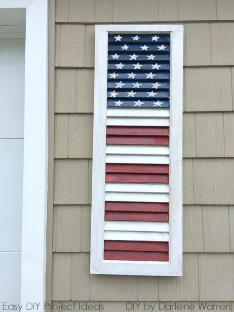 Spring Shutter Crafts, Shutters Crafts Ideas, Outdoor Flag Display Ideas, Painted Shutters Crafts, Shutter Painting Ideas, Old Shutter Ideas, Shutter Decorations, Recycled Shutters, Shutters Decor