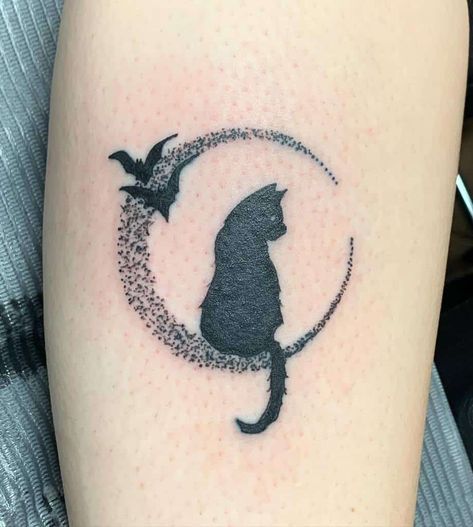 Top 71+ Best Black Cat Tattoo Ideas - [2021 Inspiration Guide] Minimalist Witchy Tattoos, Cat In Moon Tattoo, Witchy Cat Tattoo, Witchy Sleeve, Cat Skull Tattoo, Mysterious Tattoo, Black Cat Tattoo, Moon Minimalist, Half Moon Tattoo