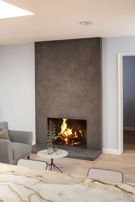 Urban Argento - Moderno Porcelain Works Wood Burning Fireplace In Bedroom, Gray Concrete Fireplace, Concrete Gas Fireplace, Concrete Skimcoat Fireplace, Fireplace Material Ideas, Fireplace Design Idea, Seamless Fireplace, Stone Slab Fireplace, Modern Fireplace With Hearth