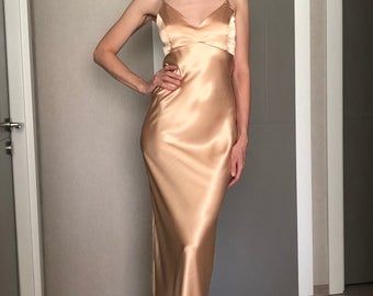 Maxi Silk Satin DressRose Gold Extra Full Length Slip | Etsy Satin Dress With Sleeves, Champagne Silk Dress, Champagne Satin Dress, Gold Slip Dress, Slip Dress Outfit, 18th Bday, Silk Satin Dress, Bias Cut Dress, Cut Dress