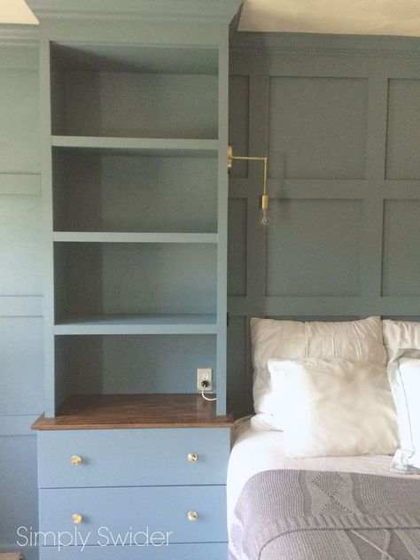 DIY+Master+Bedroom+Built-ins with info on 'how to'. Bedroom Built In Headboard, Old Wainscoting Makeover, Built In Dresser In Bedroom Master Suite, Built In Around Bed, Diy Wall Mounted Headboard, Built In Headboard Wall, Built In Nightstand, Built In Dresser In Bedroom, Nightstand Bookshelf