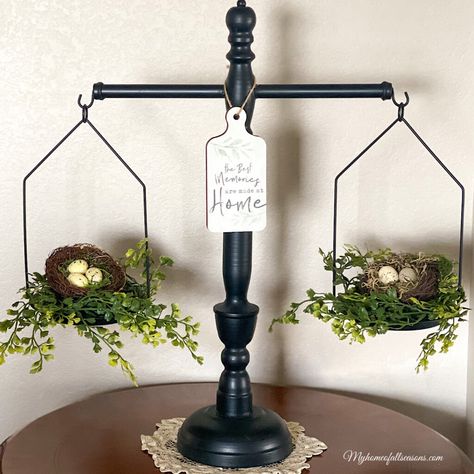 Decorative Scales Ideas, Scales Decor Ideas, Scale Decor, Scale Decorate Ideas, Farmhouse Scales Decor, Balance Scale Decor, Farmhouse Scale, Styling Vintage Scales, Vintage Scales Decor Display