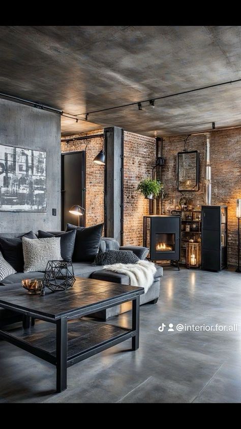 Industrial Living Room With Fireplace, Modern Industrial House Interiors, Apartment Interior Industrial, Industrial Cozy Living Room, Concrete Interior Design Living Room, Neo Industrial Interior, Modern Industrial Fireplace, Industrial Fireplace Ideas, Industrial Architecture Interior