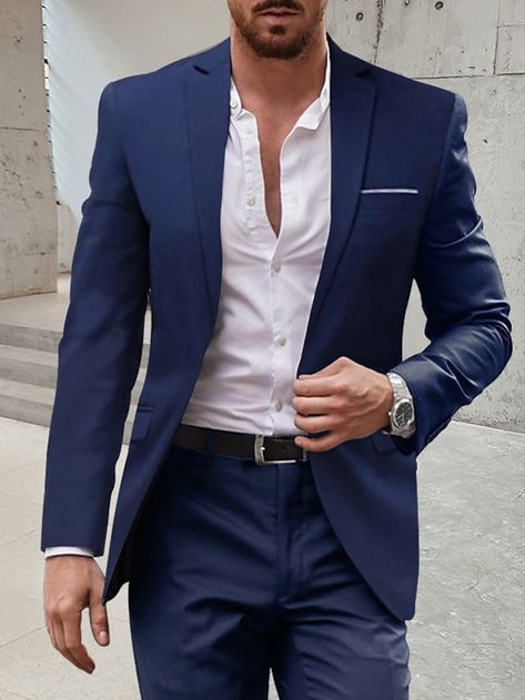 Navy Blue Coat Outfit, Business Casual Men Work, Groom Blue Suit, Mens Tux, Casual Suits Men, Linen Suits For Men, Navy Suit Wedding, Blue Chiffon Dresses, Cheap Suits