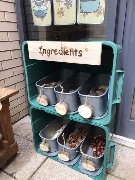 Kitchen Set Up Ideas, Outdoor Learning Ideas, Kitchen Kindergarten, Eyfs Outdoor, Eyfs Outdoor Area, Kitchen Classroom, Preschool Playground, Outdoor Learning Activities, Preschool Garden