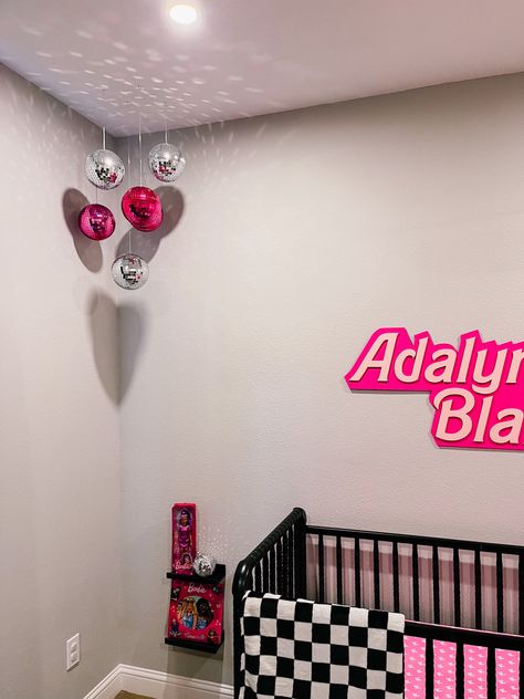 Barbie Themed Nursery, Barbie Nursery Theme, Disco Ball Nursery, 80s Nursery Theme, Disco Cowgirl Nursery, Hot Pink Nursery, Disco Nursery, Disco Cowgirl Bedroom Decor, Disco Cowgirl Room