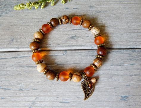 Brown Autumn, Autumn Bracelet, Stretchy Beaded Bracelet, Earthy Jewelry, Orange Bracelet, Bracelets Handmade Diy, Diy Bracelet Designs, Leaf Bracelet, Picture Jasper