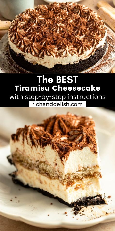 This creamy no bake tiramisu cheesecake is made with cream cheese and mascarpone filling, has a coffee-soaked ladyfinger middle, oreo crust, and is topped with lots of cocoa powder. Freeze Cheesecake, Freeze Cheese, Mascarpone Cheesecake, Mascarpone Filling, Cheesecake No Bake, Tiramisu Cheesecake, Oreo Crust, Tiramisu Recipe, Cheesecake Desserts