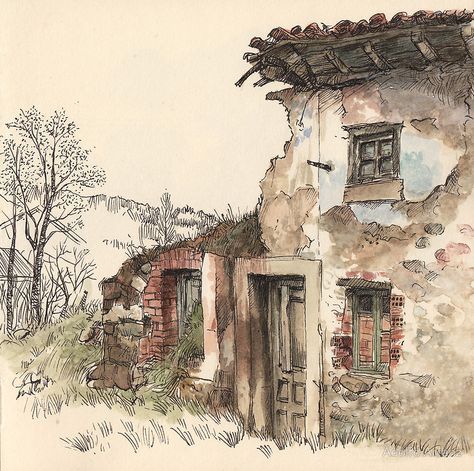 "Ruined house" by Adolfo Arranz | Redbubble Life Sketch, Watercolor Architecture, House Sketch, Watercolor Painting Techniques, 수채화 그림, Urban Sketchers, Arte Sketchbook, Landscape Drawings, Sketch Painting