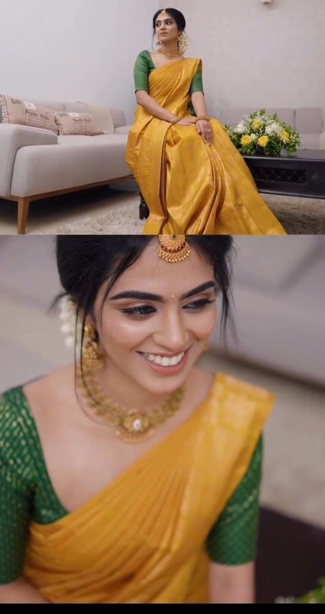 Haldi Ceremony Outfit Maharashtrian, Haldi Look Maharashtrian, Pattu Saree Makeup Look, Traditional Makeup Look In Saree, Maharashtrian Haldi Look, Haldi Sari For Bride, Yellow Traditional Saree, Holud Saree Ideas, Engagement Looks Saree