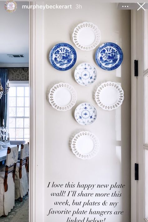 Plate Gallery Wall Kitchen, Delft Plates On Wall, Decorating With Plates On Wall, Plate Wall Dining Room, Antique Plates On Wall, Blue And White Plates On Wall, Blue And White Plate Wall, Blue Plates Wall, Eclectic Dishes