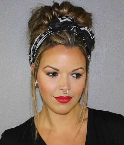 Messy Updo With A Bandana                                                                                                                                                                                 Más Bandana Updo, Hairstyles With Bandanas, Bandana Hairstyles For Long Hair, Motorcycle Hairstyles, Messy Updo, Hairdos For Short Hair, Penteado Cabelo Curto, Bandana Hairstyles, Short Hair Updo