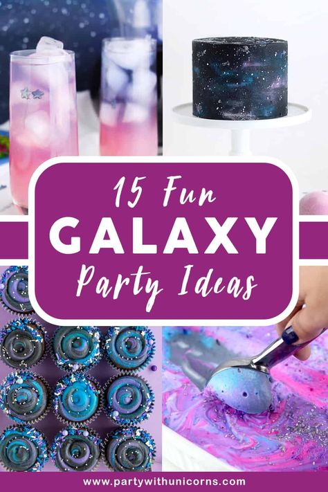 Cosmic Birthday Party Decorations, Purple Galaxy Birthday Party Ideas, Purple Space Birthday Party, Galaxy Theme Party Favors, Galaxy Theme 1st Birthday Party, Space Themed Party Punch, First Birthday Galaxy Theme, A Wrinkle In Time Party Theme, Galaxy Slumber Party Ideas