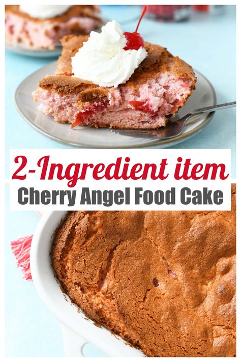 2 Ingredient Cherry Angel Food Cake comes together with just 2 ingredient items. You won't need eggs, water, oil, or anything but cherry pie filling, and Angel food cake to bake this up. It is a perfect summertime cake that you have to make to experience! This fluffy, cherry cake is loaded with moist cherry chunks and can be made in a 9 x 13 cake pan, or a Bundt pan. #cherry #angelfoodcake #angelcake #cherrycake #cherrypiefilling via @sizzlingeats Sugar Free Angel Food Cake Recipe, Cherry Angel Food Cake, Cherry Pie Filling Recipes, 13 Cake, 2 Ingredient Desserts, Cherry Recipes Dessert, Easy Delicious Cakes, Angel Food Cake Desserts, Low Fat Desserts