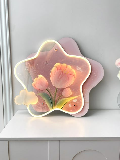 Cute Objects Aesthetic, Pink Flower Room Aesthetic, Sakura Bedroom Aesthetic, Flower Lamp Aesthetic, Kawaii Wall Mirror, Pink Kawaii Lamp, Pink Items, Cute Night Lights, Cute Diy Room Decor