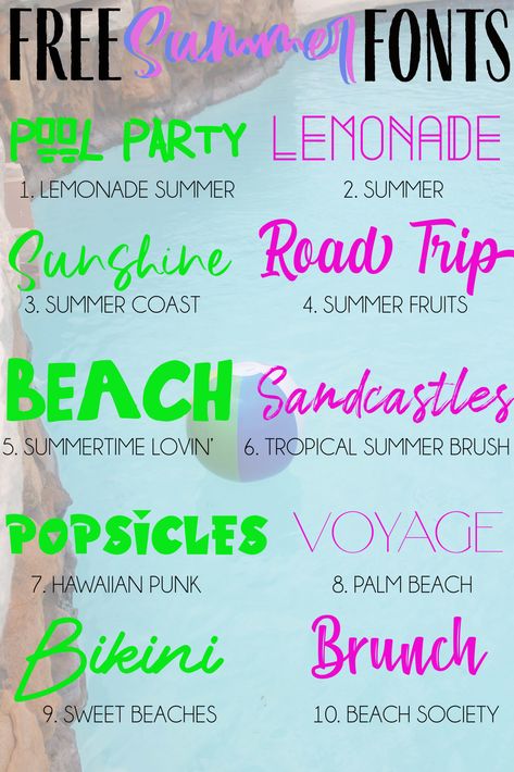 10 free summer fonts you can use in Cricut Design Space to make all those summer time projects. #cricut #freefonts #cricutdesignspace #cricutfonts #cricutprojects #summercrafts #crafts Beachy Fonts, Summer Fonts, Beach Fonts, Summer Font, Funky Fonts, Cricut Hacks, Free Typeface, Lemonade Party, Typography Alphabet