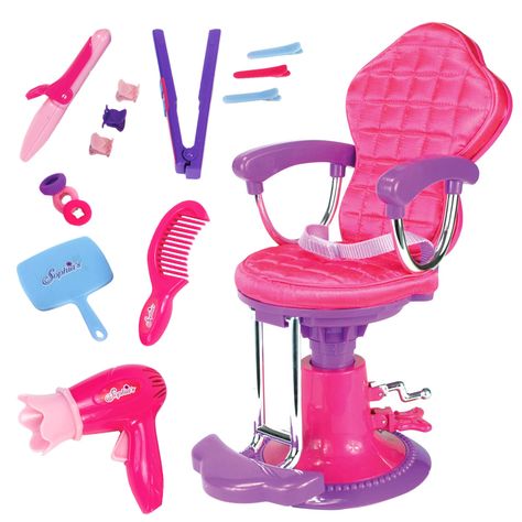 PRICES MAY VARY. INCLUDED: This set includes an adjustable height salon chair, hair dryer, hand mirror, curling iron, flat iron, and comb, plus 3 clips, 3 claws and 3 hair ties. QUALITY DETAILS: The hot pink and purple quilted salon chair features adjustable levels, arm and foot rests, and strap to keep doll secure. MADE for 18" Dolls: Perfect for 18 inch dolls, plush friends and more (doll not included) "IMAGINATIVE PLAY: This set encourages kids to use their imaginations and play with their do Accessoires Barbie, Princess Toys, Our Generation Dolls, Salon Chairs, Hair Essentials, Blue Accessories, Child Doll, Anniversary Cake, Hand Mirror