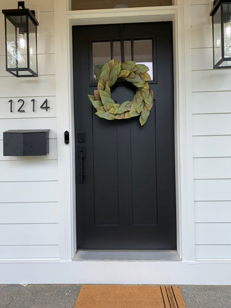 Shutters And Garage Door Colors, Black Front Door On Brick House, Black Door Front Porch, Sw Tricorn Black Front Door, Front Door Hardware Black, Black Front Door Hardware Ideas, Black Door White House, Black Front Door Colors, Peppercorn Front Door