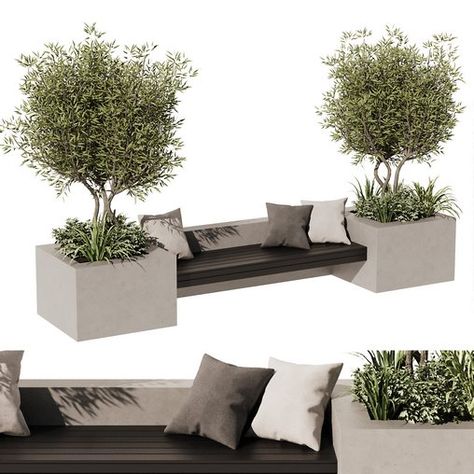 Outdoor Bench Olive V2 Modern Garden Bench Ideas, Outdoor Bench With Planters, Pot Plants Outdoor Patio, Zen Bench, Planter Seating, Garden Bench Design, Outdoor Bench Design, Planter Seat, Concrete Bench Outdoor