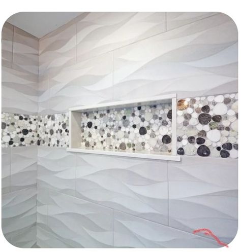 Modern Bathroom Design Tub Shower Combo, Shower And Floor Tile Combo Ideas, Wavy Tile Tub Surround, Ceramic Tile Tub Surround Ideas, Wavy Shower Tile Master Bath, Wavy Tile Shower Ideas, Tub Shower Combo With Accent Tile, Accent Tile In Shower Ideas Wall, Bathtub Wall Tile Ideas