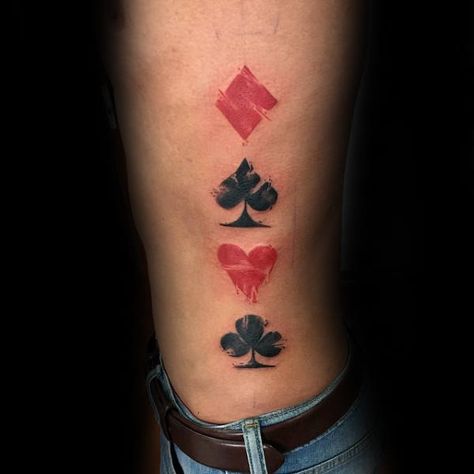 Playing Card Suits Mens Rib Cage Side Tattoo Card Suits Tattoo, Suits Tattoo, Mens Side Tattoos, Ace Of Spades Tattoo, Poker Tattoo, Playing Card Tattoos, Spade Tattoo, Vegas Tattoo, Card Suits