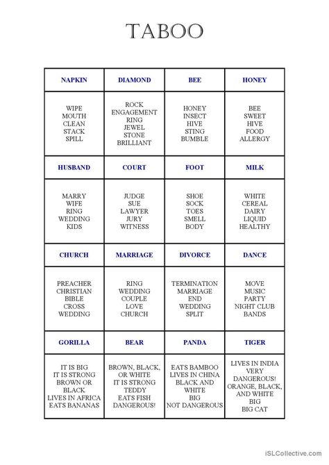 Taboo Card Game 2 warmer, filler…: English ESL worksheets pdf & doc Taboo Cards Printable, Esl Vocabulary Games, Single Mingle, Taboo Cards, Taboo Words, Speaking Games, Preschool Charts, Taboo Game, Esl Games