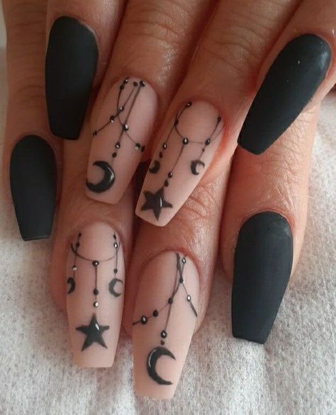 Halloween Nail Designs Witches, Moth Nails Acrylic, Lunar Nail Art, Goth Girl Nail Ideas, Witchy Valentines Nails, Goth Punk Nails, Mystical Nails Simple, Mystic Nail Art, Fortune Teller Nails