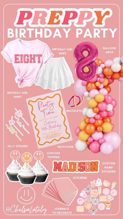 Eighth Birthday Party Girl, Pink Birthday Party Theme Ideas, 8th Birthday Party Ideas For A Girl, Preppy Party Activities, Birthday Party Ideas 9 Girl, Preppy Birthday Party Ideas 12, Preppy Birthday Party Themes, Lululemon Birthday Party, Preppy Party Theme