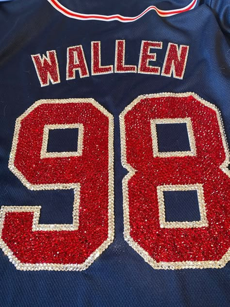 Morgan Wallen 98 Braves Rhinestone Jersey!   Sizes Small, XL and  2XL available Morgan Wallen Merch, Morgan Wallen Jersey, Rhinestone Jersey, 98 Braves, Braves Jersey, Braves Shirts, Best Country Singers, Country Music Concerts, Cute Horse Pictures