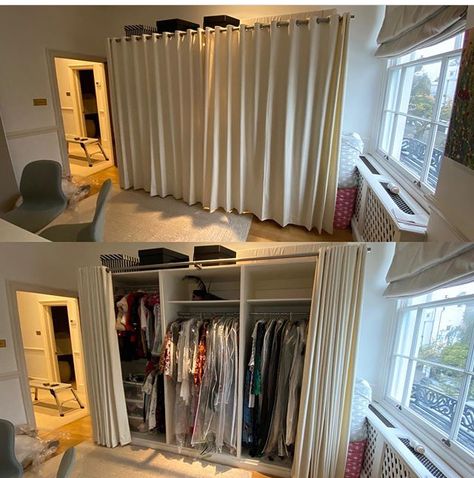 Curtain Wardrobe Doors, Bathroom Curtains Ideas, Curtain Wardrobe, Small Dressing Room, Small Dressing Rooms, Modern Dressing Room, Corner Curtains, Bathroom Window Curtains, Small Curtains