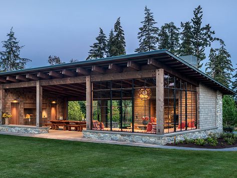 Case Study: Whidbey Fieldhouse by Hoedemaker Pfeiffer - Residential Design Garden Pavilion, Casa Country, Built In Bbq, التصميم الخارجي للمنزل, Built In Seating, Whidbey Island, Timber Structure, Modern Architecture House, Pole Barn Homes