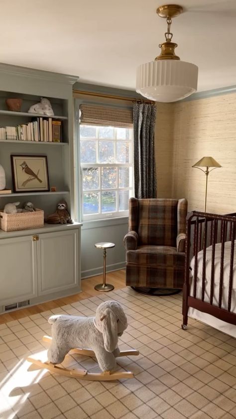 WHITTNEY PARKINSON DESIGN on Instagram: “A little glimpse into Pearce’s nursery. This room was so fun to design, as I come from a family of ALL girls (7 straight to be exact). A…” Traditional Nursery Gender Neutral, Cottage Nursery Rug, Nursery / Office Ideas, Grandpa Study Nursery, Whimsical Neutral Nursery, Nursery When You Dont Know The Gender, Traditional English Nursery, Contrast Trim Nursery, Nursery With Nanit