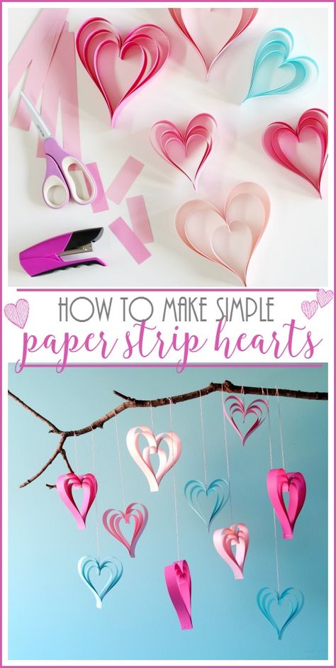 simple paper strip hearts Paper Strip Hearts, Easy Valentine Crafts, Valentine Crafts For Kids, Diy Valentines Crafts, Bee Crafts, My Funny Valentine, Valentine's Day Quotes, Make Paper, Heart Crafts