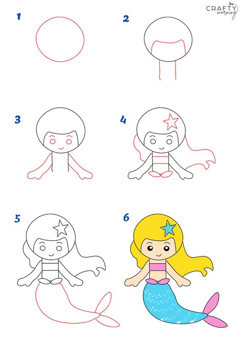 How To Draw Mermaids Step By Step, Easy Draw Step By Step, Mermaid Doodle Easy, Drawing Ideas For Kids Step By Step, Easy To Draw Mermaid, Kids How To Draw Step By Step, Kids Step By Step Drawing, How To Draw A Mermaid Tail, How To Draw Easy Animals