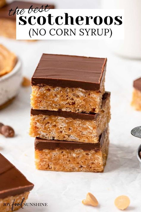 This scotcheroos recipe is easy to make with simple ingredients and no corn syrup. They’re a delicious no-bake treat sure to become a family favorite. Scotcheroos Recipe, Krispie Treats Recipe, Dessert Bar Recipe, Butter Bars, Peanut Butter Bars, No Bake Bars, Sweet Treats Recipes, Crispy Treats, Rice Krispie Treats