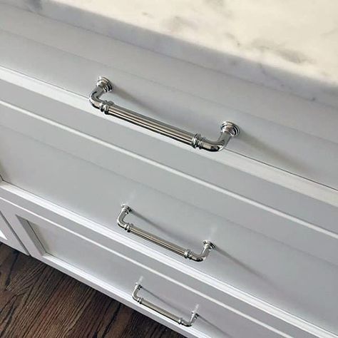 Kitchen Hardware Silver, Silver Hardware Kitchen, Silver Kitchen Hardware, Silver Cabinet Pulls, Walkin Wardrobe, Kitchen Cabinet Hardware Ideas, Cabinet Hardware Ideas, Polished Nickel Kitchen, Parents Bathroom