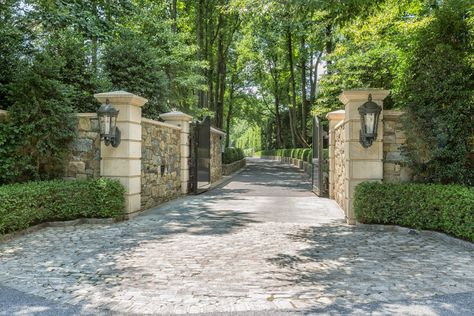 Luxury Driveway, Driveway Entrance Landscaping, Potomac Maryland, Gate Entrance, Garage Guest House, Driveway Entrance, Driveway Design, Front Gate, Robb Report