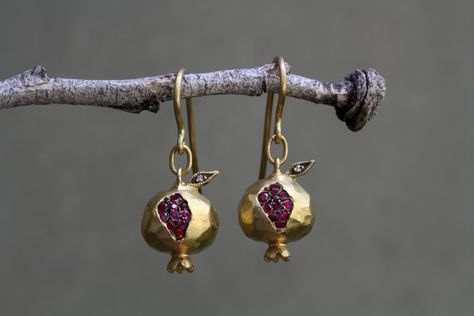 22K Recycled Gold Pomegranate Earrings with Ethically Sourced Rubies and Diamonds // #CWwishlist #handmadejewelry #recycledmetal #fairtradestones #ethicallysourceddiamonds #cathywaterman #earring #wedding #diamond #gold #22K Pomegranate Earrings, Pomegranate Jewelry, Cathy Waterman, Michigan Usa, Jewelry Inspo, Pretty Jewellery, 22k Gold, Turquoise Jewelry, Granada