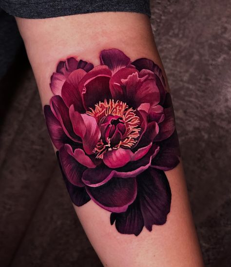 got to do this moody magenta peony for @phoenyx079 today as a start to a two day piece! we're doing another peony tomorrow and we were wondering if you could guess what color we will be doing tomorrow.... let us know in the comments!!!! . @obsidianmoontattoo . @fusion_ink @neumatattoomachines @inkmapstattooapp . #peony #peonytattoo #flowertattoo Floral Tattoo Design Peony, Dark Peonies Tattoo, Burgundy Flower Tattoo, Colour Peony Tattoo, Pink Black Tattoo, Colored Tattoo Sleeve Women, Peony Tattoo Realism, Peony Tattoo Cover Up, Colorful Peony Tattoo